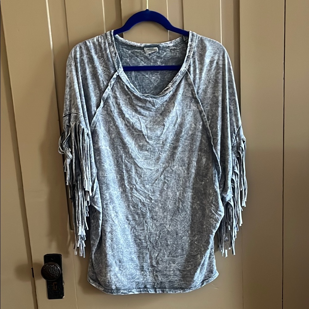 Gray Blouse with Ruffled Neckline and Fringe Sleeves